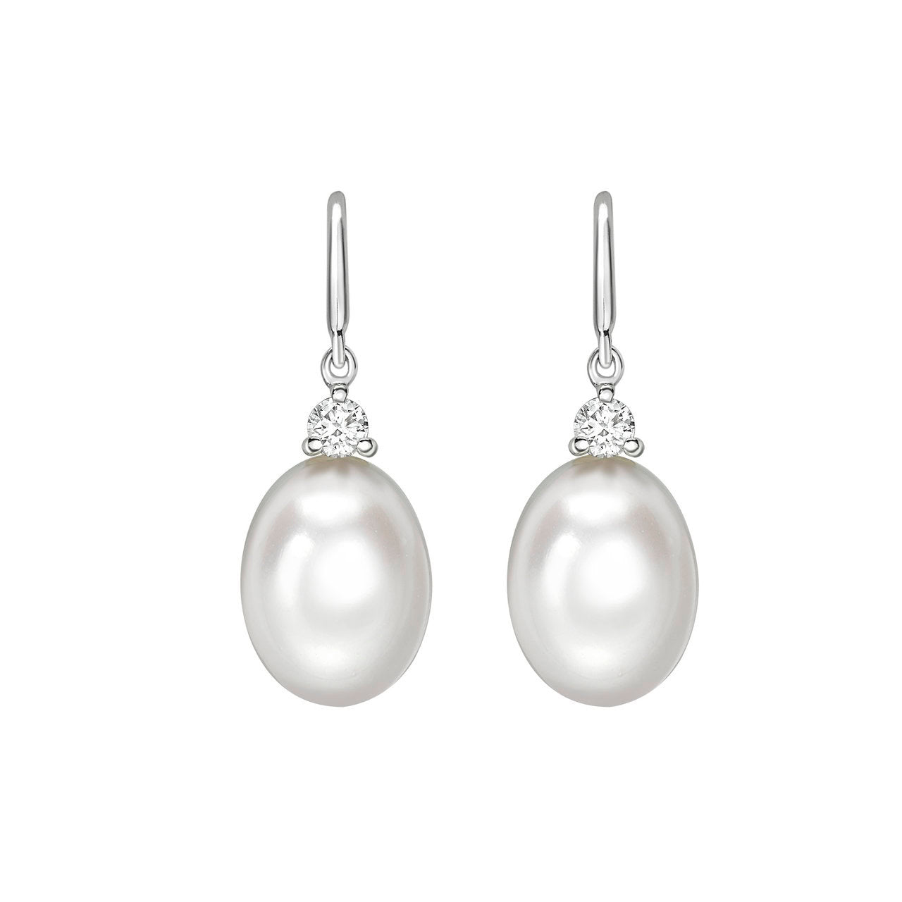 Freshwater pearl and diamond drop earrings in 18ct white gold, 8–8.5mm oval white pearl with 0.14ct round brilliant diamond on shepherd's hook wire