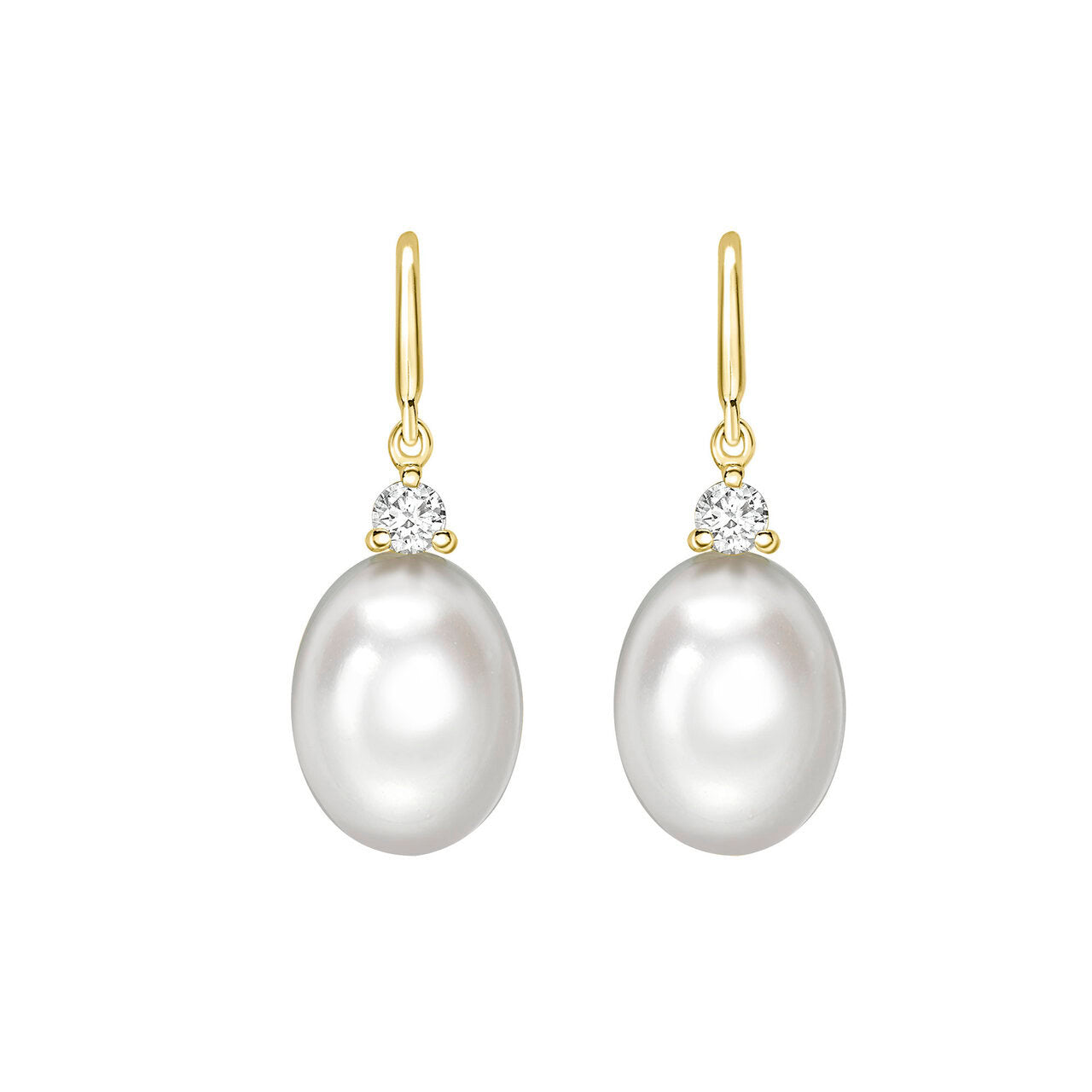 Freshwater pearl and diamond drop earrings in 18ct yellow gold, 8–8.5mm oval white pearl with 0.14ct round brilliant diamond on shepherd's hook wire