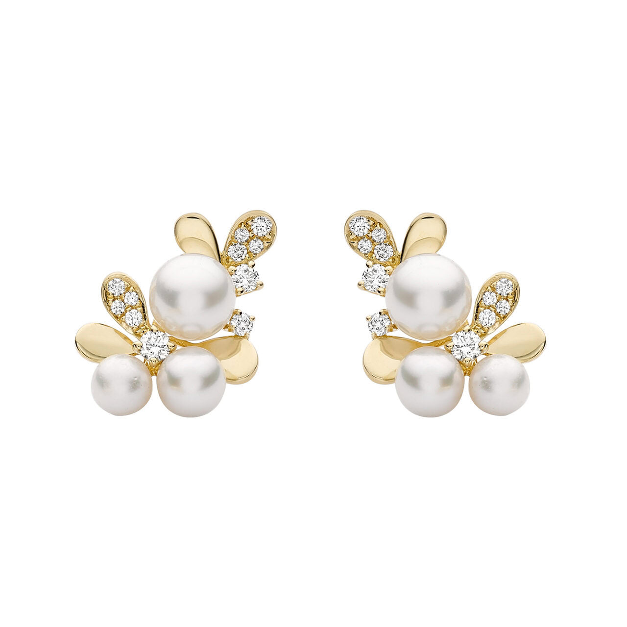 Akoya pearl and diamond cluster stud earrings in 18ct yellow gold with graduating 4–7mm white pearls and 0.36ct round brilliant diamonds
