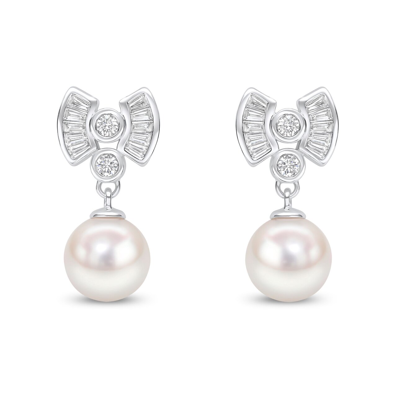 Akoya pearl and diamond fan drop earrings in 18ct white gold, 7.5–8mm white Akoya pearl drop with channel-set baguette diamond fan and bezel-set brilliant, 0.34ct total