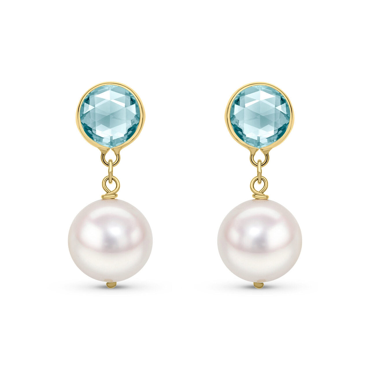 Akoya pearl and blue topaz drop earrings in 18ct yellow gold, 9–9.5mm white Akoya pearl suspended from bezel-set faceted blue topaz stud