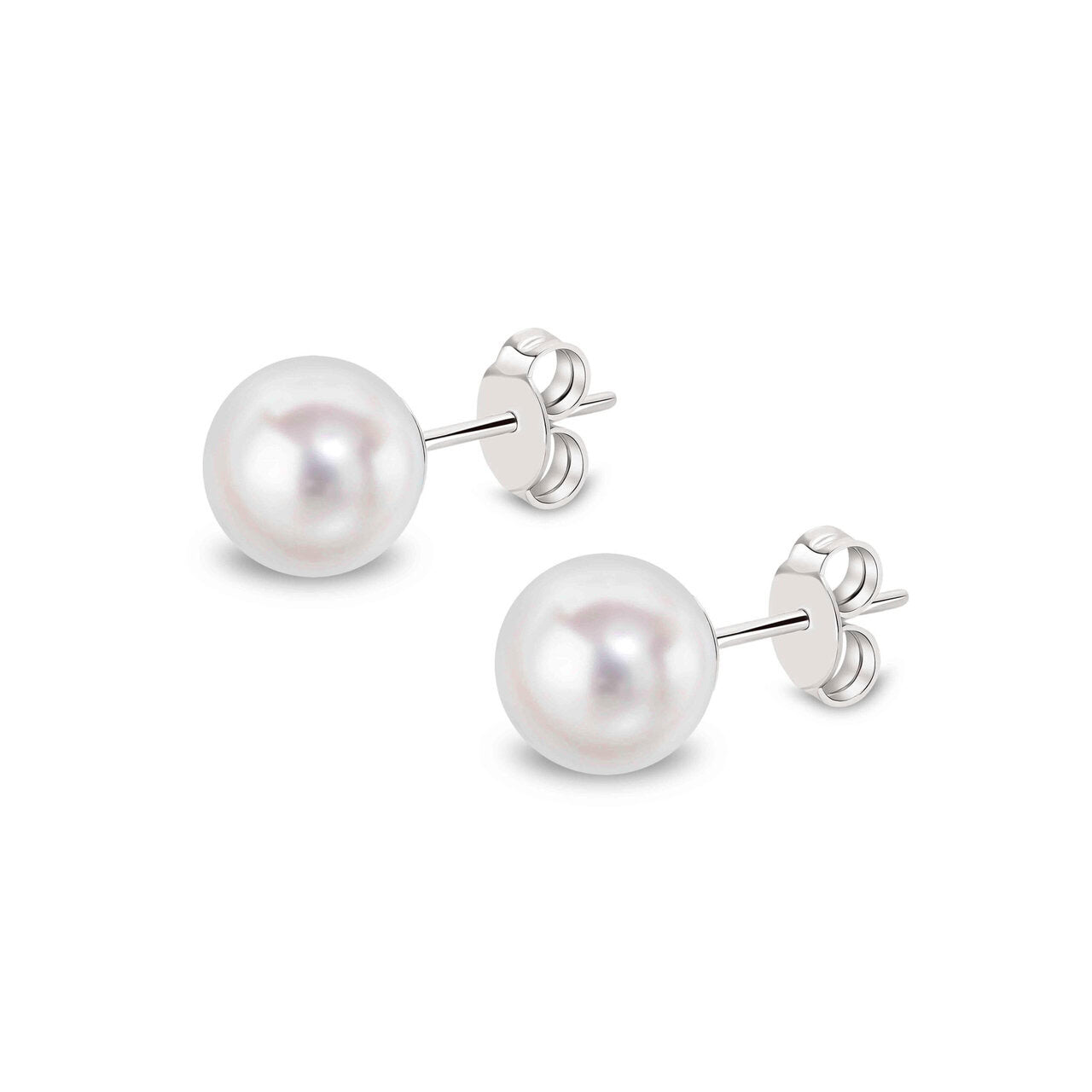Akoya pearl stud earrings in 9ct white gold, 7.5–8mm round white Akoya pearl with butterfly back fitting