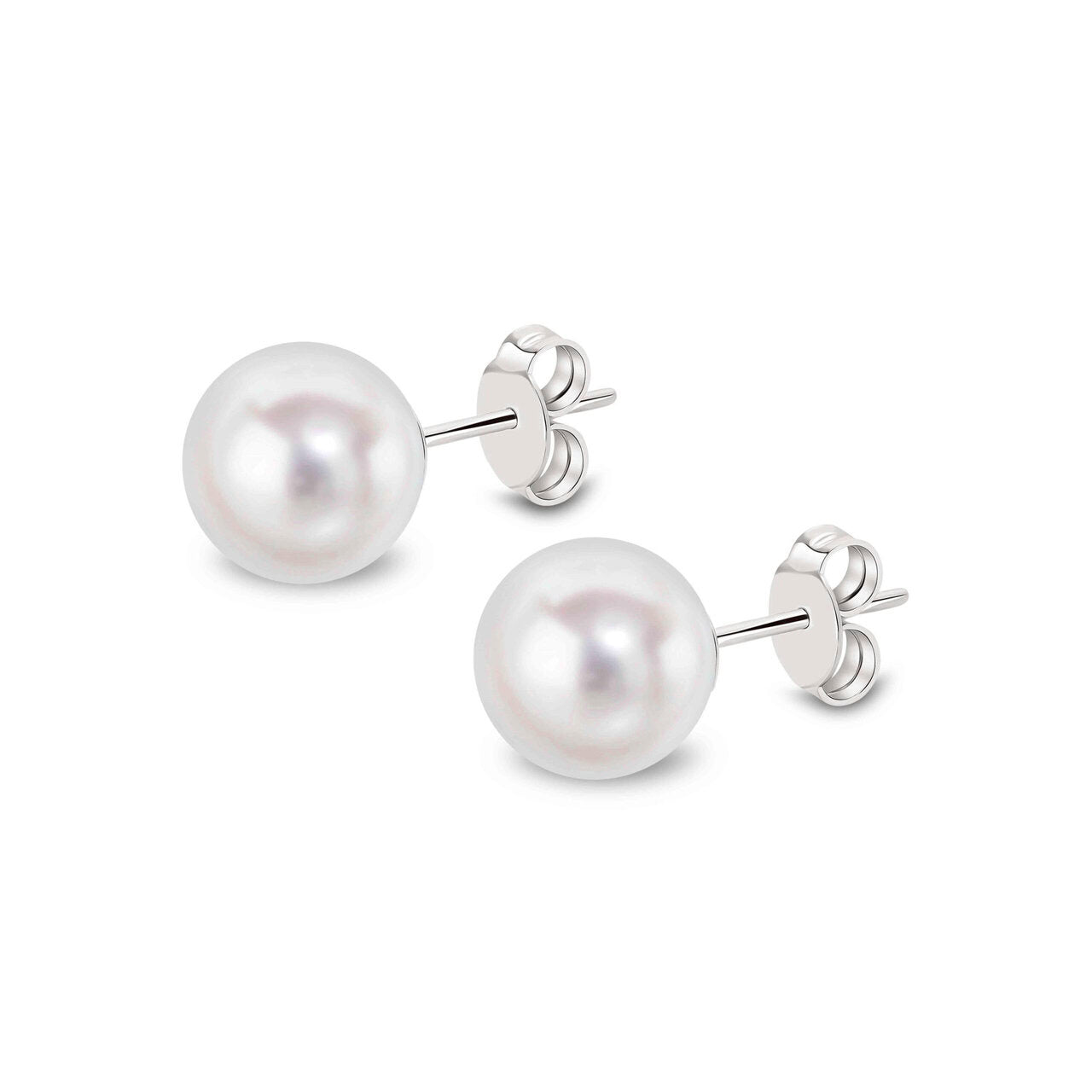 Akoya pearl stud earrings in 9ct white gold, 9–9.5mm round white Akoya pearl with butterfly back fitting