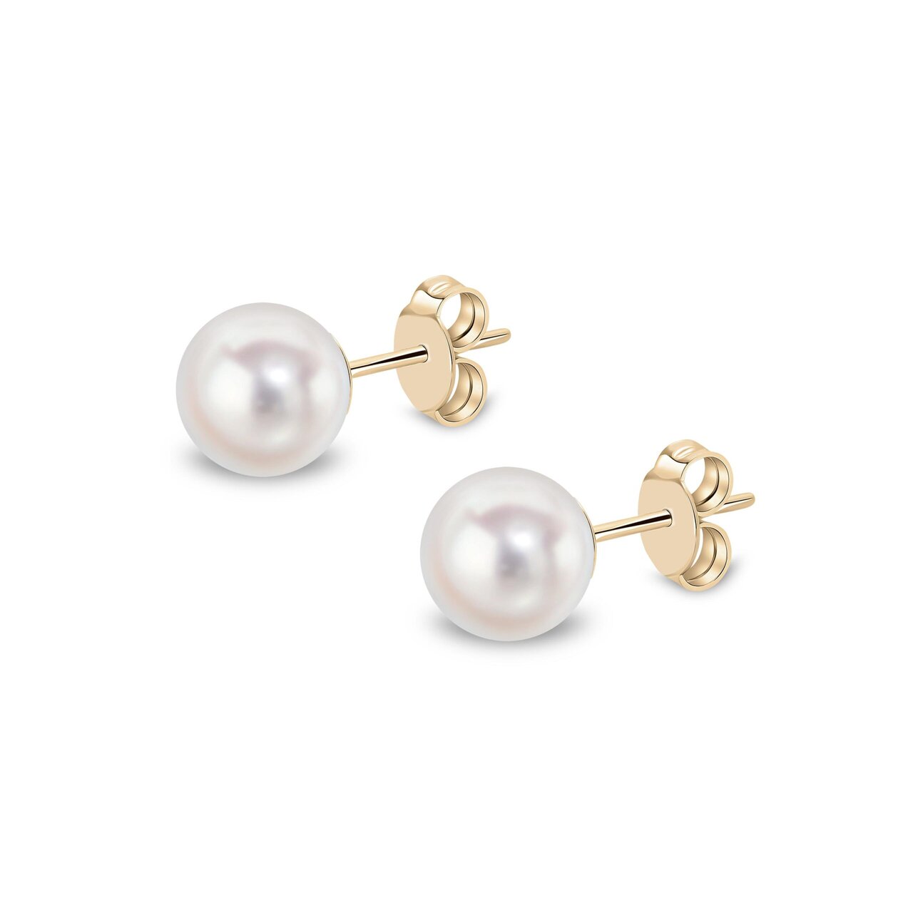 Akoya pearl stud earrings in 9ct yellow gold, 6.5–7mm round white Akoya pearl with butterfly back fitting