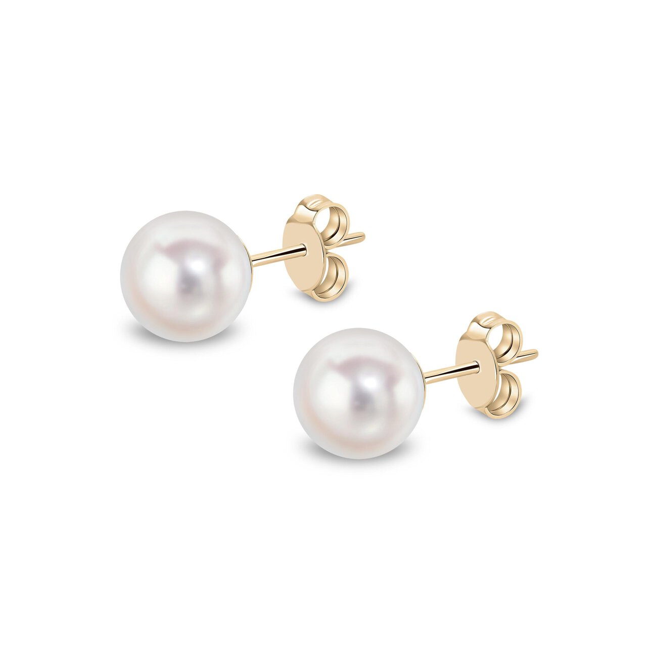 Akoya pearl stud earrings in 9ct yellow gold, 7.5–8mm round white Akoya pearl with butterfly back fitting