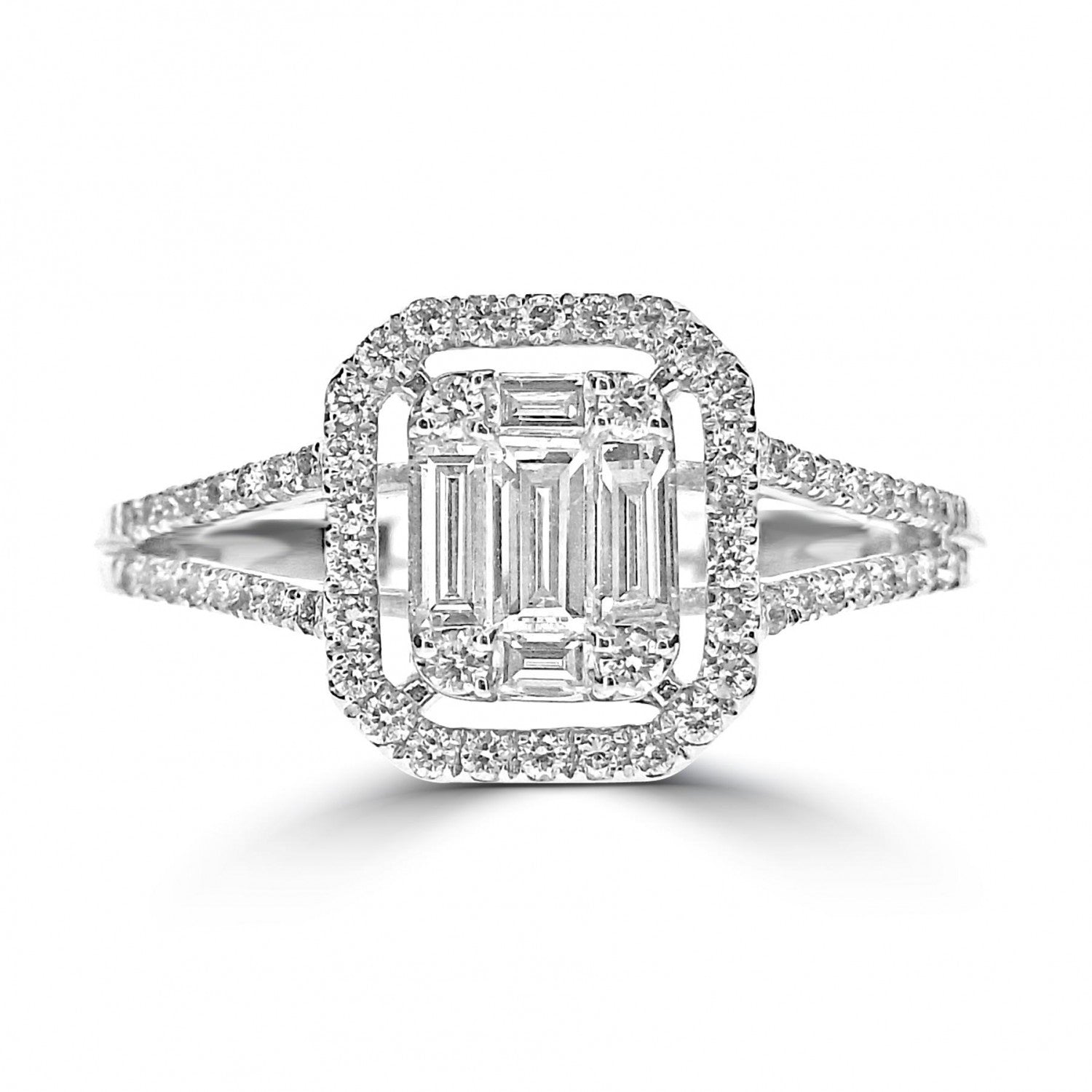 BAGUETTE DIAMOND HALO SPLIT SHOULDER ENGAGEMENT RING