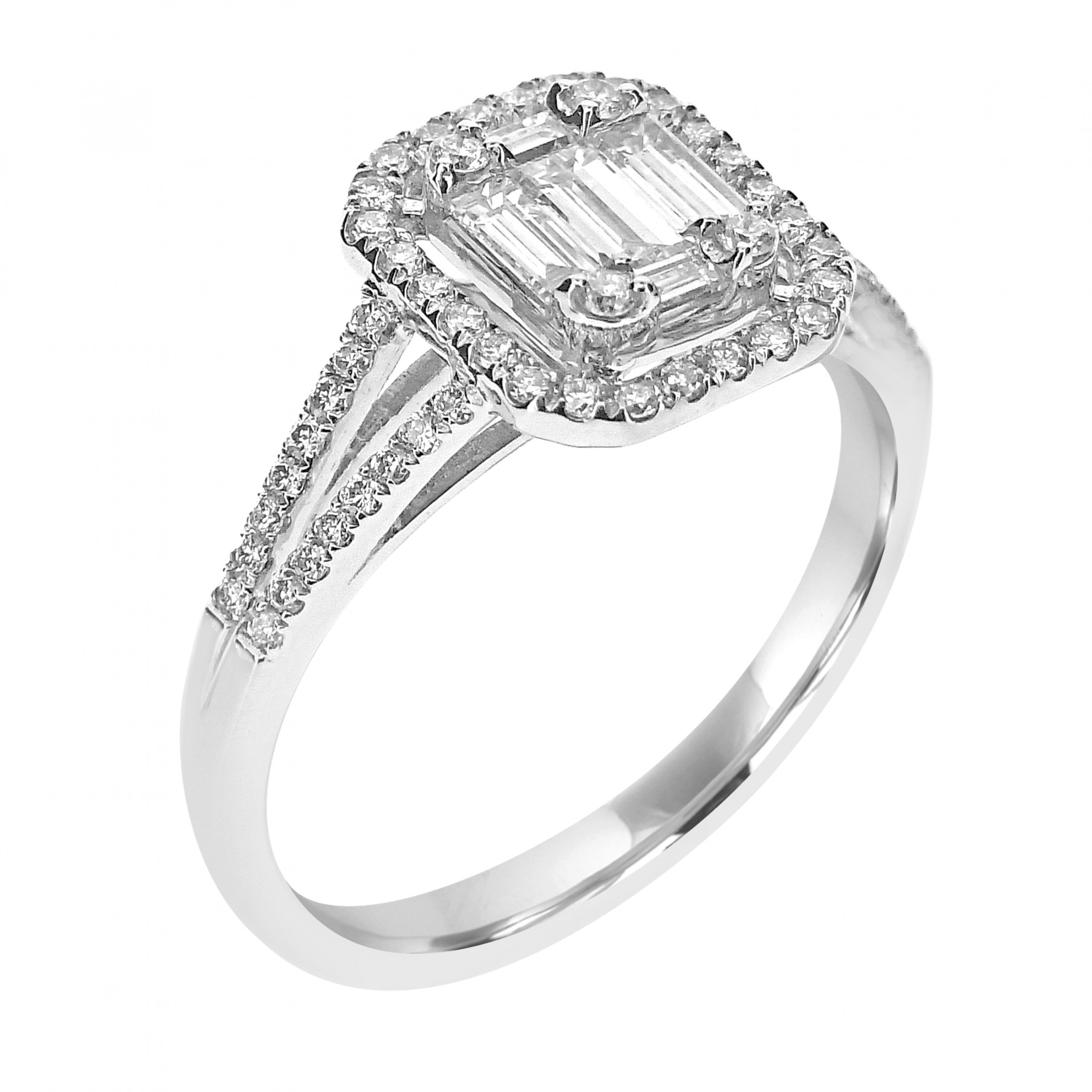BAGUETTE DIAMOND HALO SPLIT SHOULDER ENGAGEMENT RING