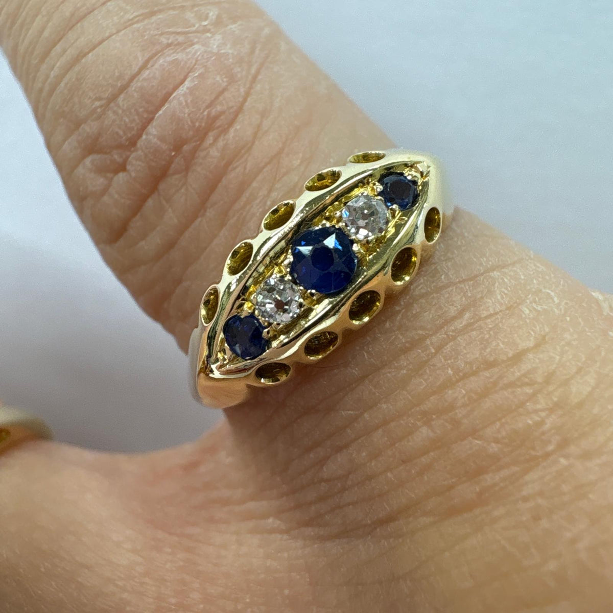 antique five stone ring, Edwardian sapphire ring, old cut diamond ring UK, antique sapphire and diamond ring, 18ct gold five stone ring, antique engagement ring, boat shaped ring, Edwardian engagement ring