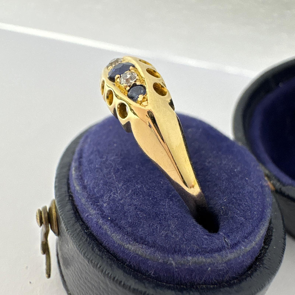 antique five stone ring, Edwardian sapphire ring, old cut diamond ring UK, antique sapphire and diamond ring, 18ct gold five stone ring, antique engagement ring, boat shaped ring, Edwardian engagement ring
