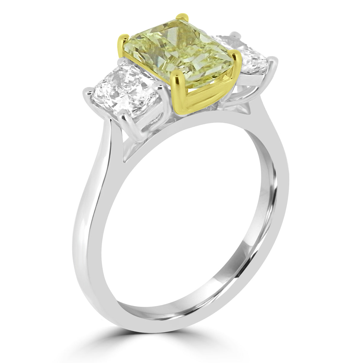 fancy yellow radiant diamond ring, radiant cut yellow diamond engagement ring, GIA certified yellow diamond platinum, three stone radiant diamond ring, natural fancy yellow diamond UK