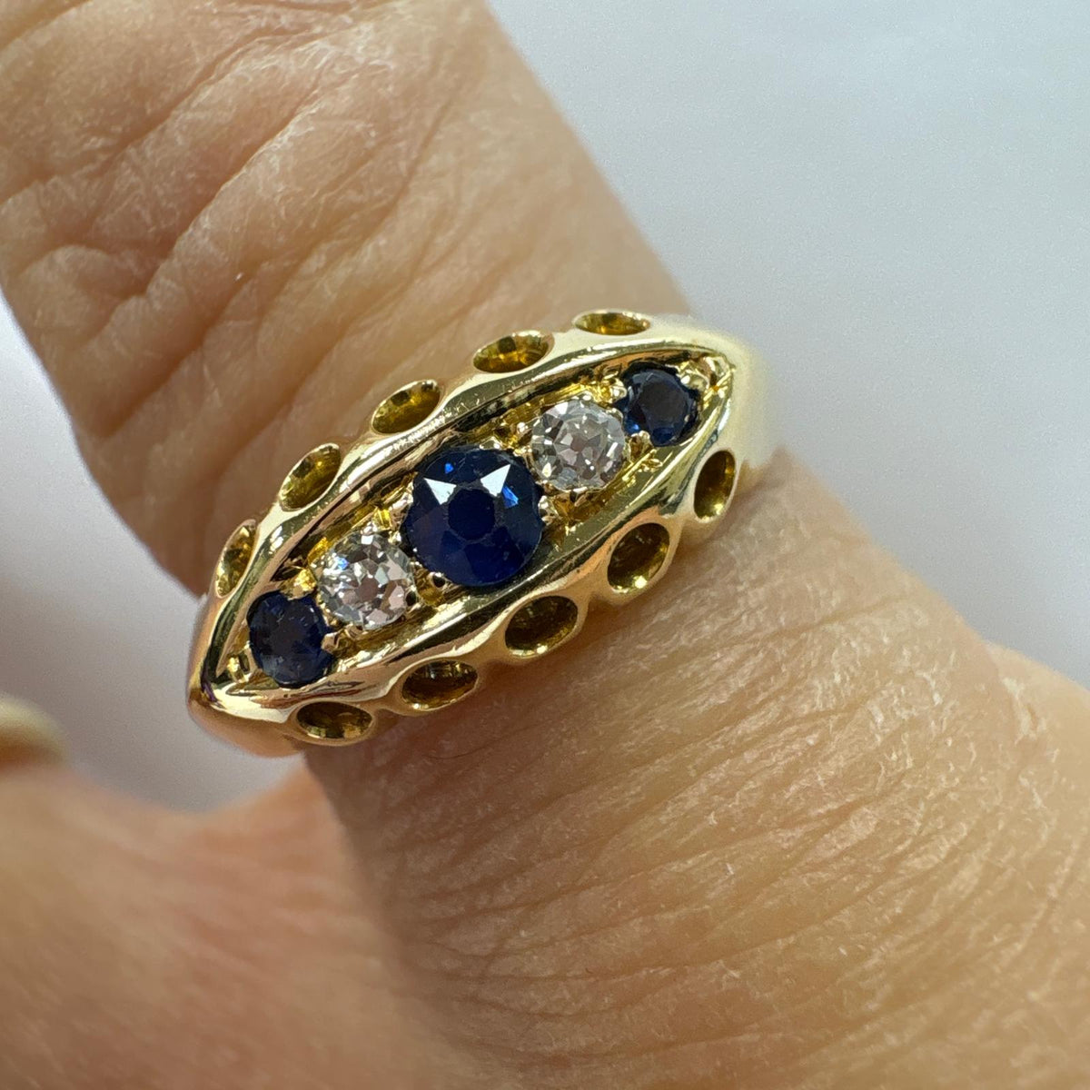 antique five stone ring, Edwardian sapphire ring, old cut diamond ring UK, antique sapphire and diamond ring, 18ct gold five stone ring, antique engagement ring, boat shaped ring, Edwardian engagement ring