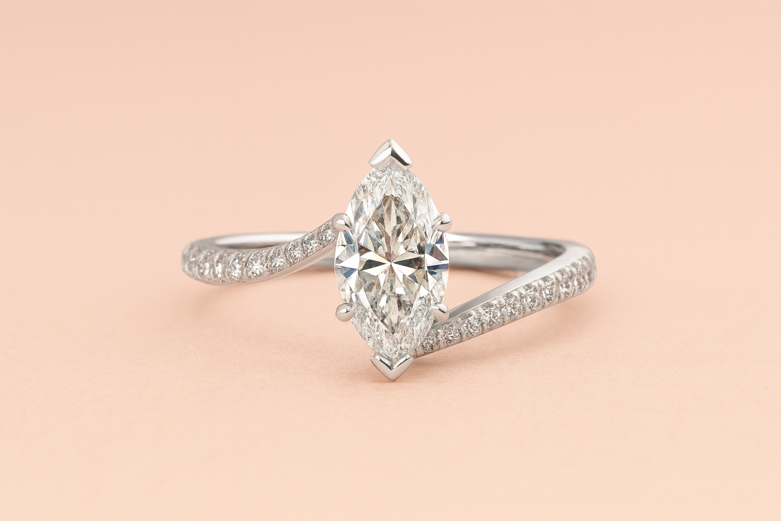 Aurelia marquise lab-grown diamond ring in white gold with pavé diamond twist band – bespoke engagement ring Harrogate