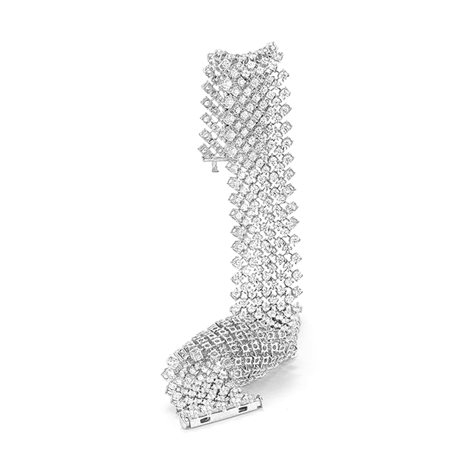 Wide multi-row white gold diamond bracelet featuring 414 round brilliant diamonds totalling 11.5ct, shown standing upright on white background