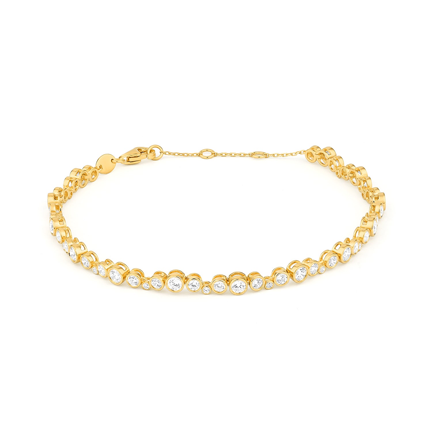 Yellow gold bezel set diamond tennis bracelet featuring 51 round brilliant diamonds totalling 2.50ct with lobster clasp and extender chain, shown on white background