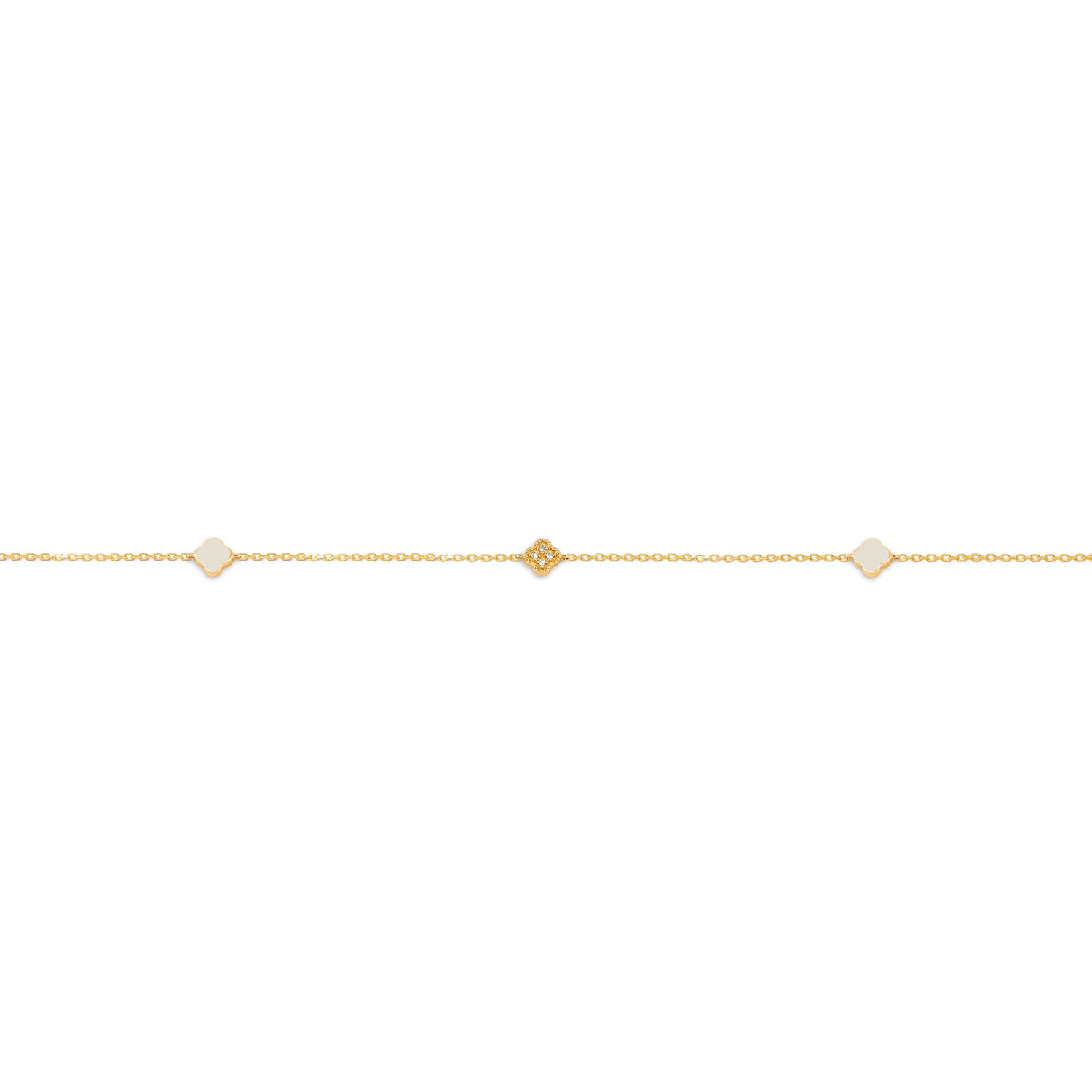 Yellow gold diamond clover and enamel station bracelet featuring a central milgrain diamond clover with enamel clover motifs on a fine chain with lobster clasp, flat