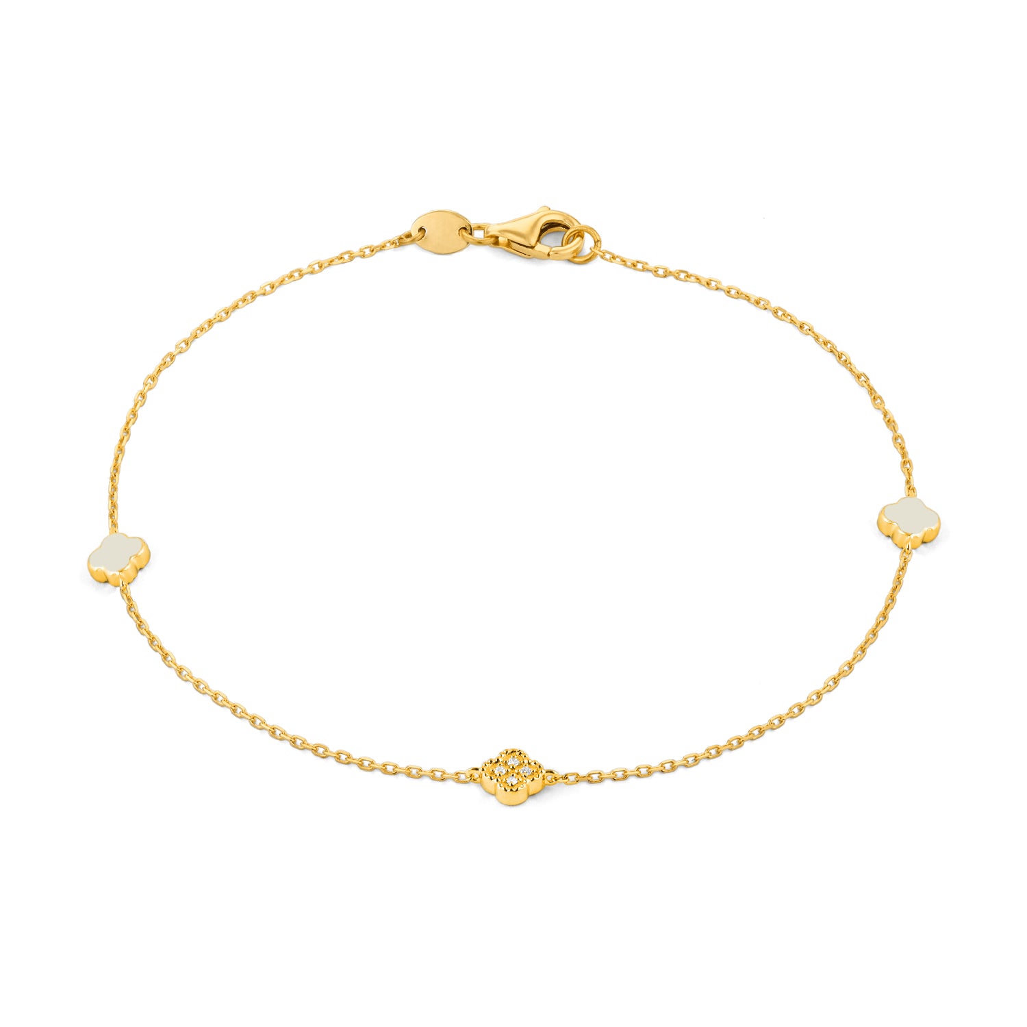 Yellow gold diamond clover and enamel station bracelet featuring a central milgrain diamond clover with enamel clover motifs on a fine chain with lobster clasp, shown on white background