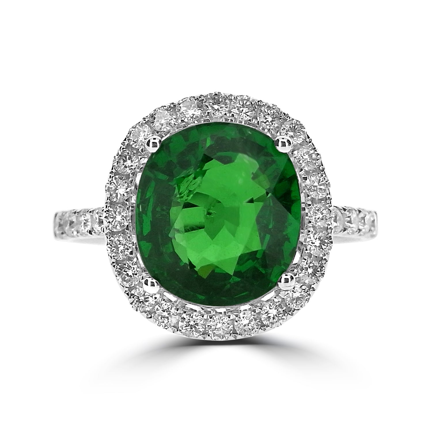 OVAL CUT TSAVORITE & DIAMOND HALO ENGAGEMENT RING
