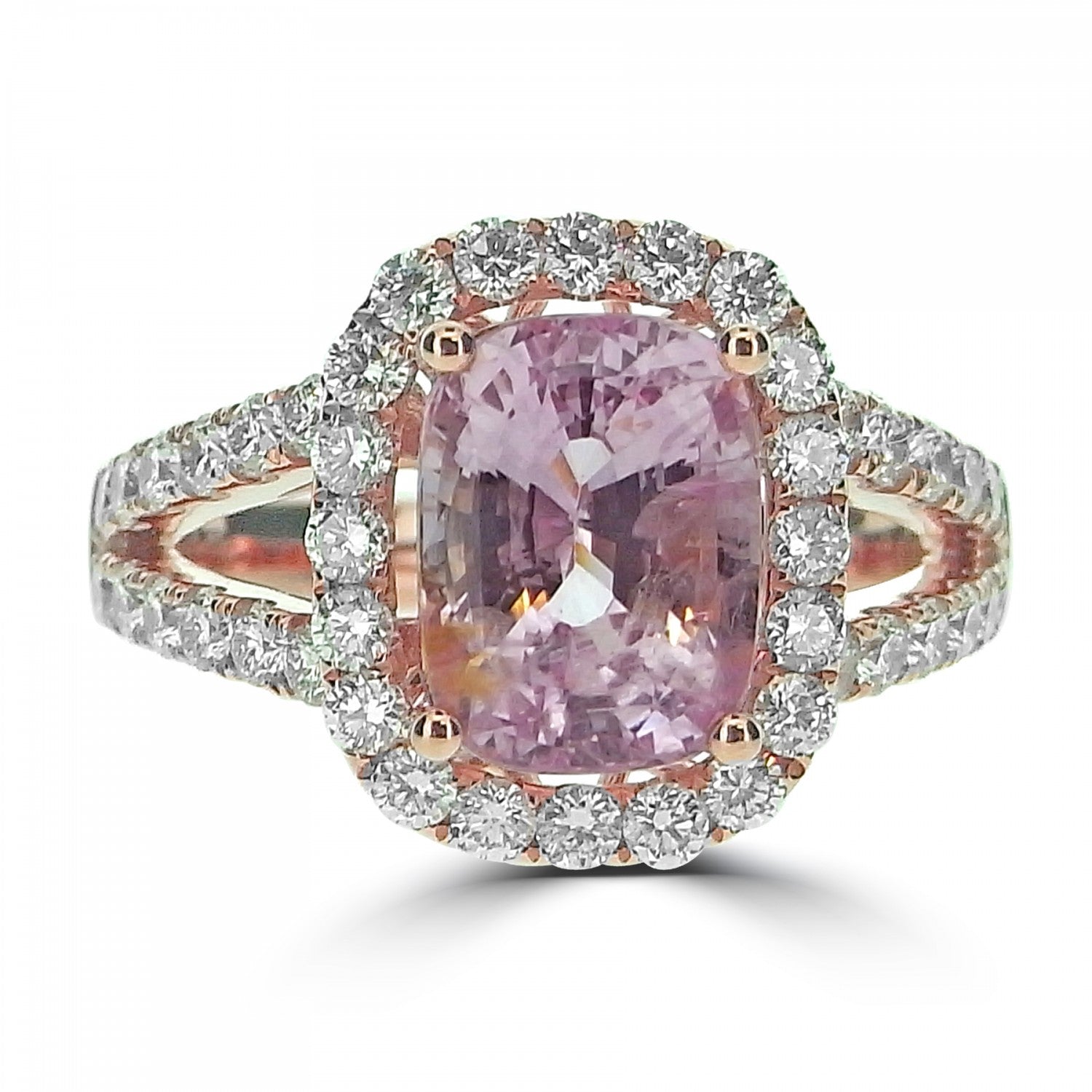 Cushion cut pink sapphire, art deco split shoulder / band engagement ring. surrounded by a diamond halo our engagement ring in Harrogate is a unique piece. Fogal and Barnes Independent Jewellers