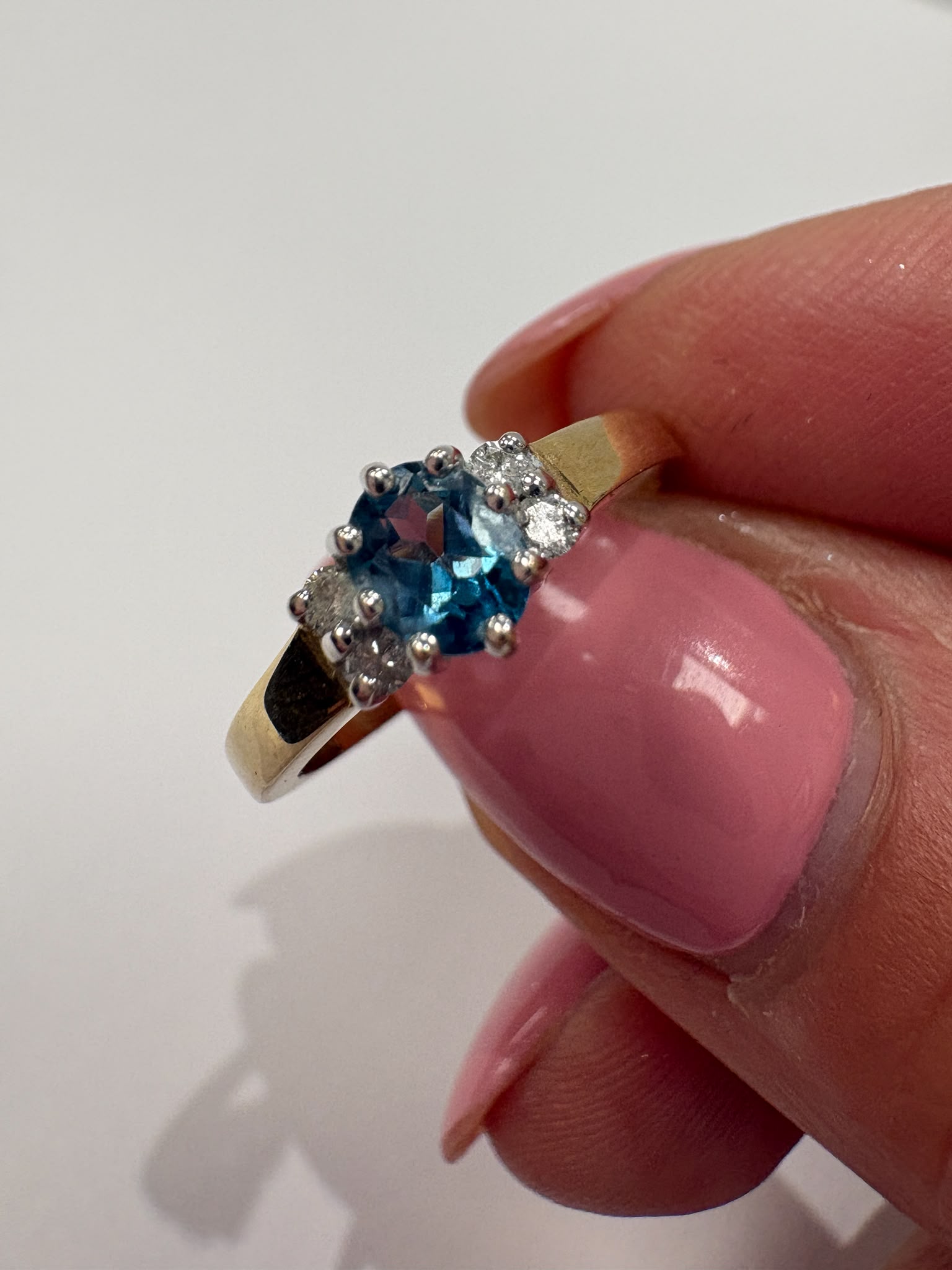 blue topaz ring, blue topaz and diamond ring, second hand blue topaz ring UK, pre-loved topaz ring, vintage blue topaz ring, 9ct gold topaz ring, topaz cluster ring, second hand jewellery Harrogate, second hand jewellery Leeds, second hand jewellery York, second hand jewellery Yorkshire, pre-owned gemstone ring UK, antique blue topaz ring, blue gemstone ring, buy second hand topaz ring, topaz ring size M, blue topaz ring near me, fine jewellery Harrogate, pre-loved jewellery Yorkshire, December birthstone r