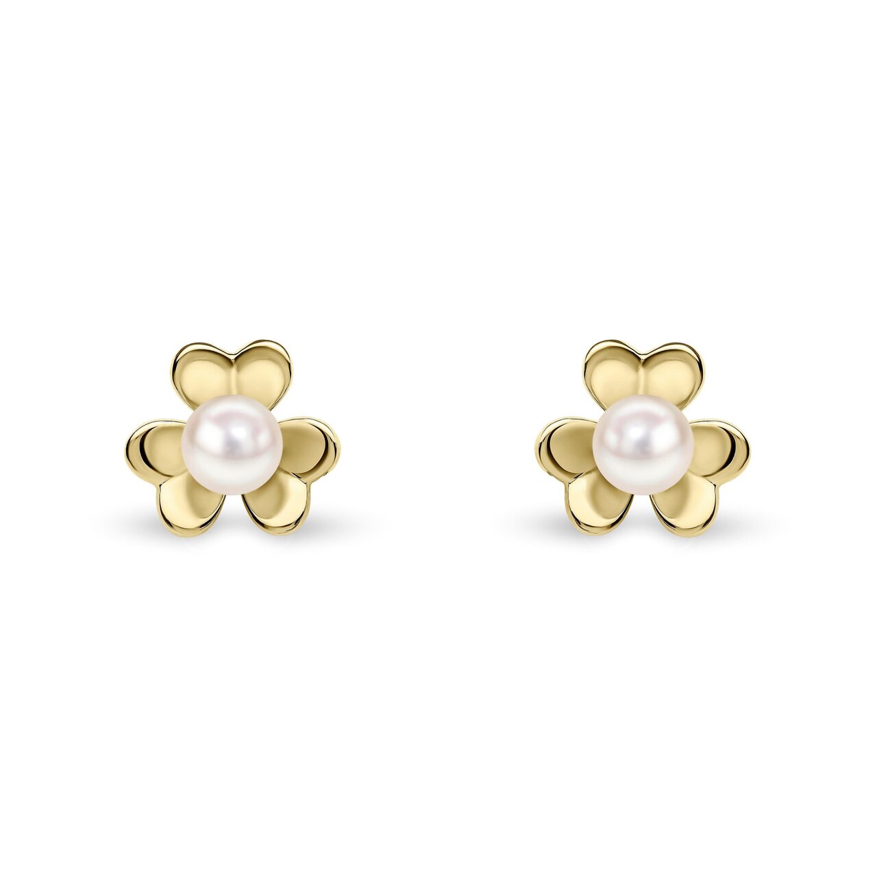Freshwater pearl flower stud earrings in 9ct yellow gold, 6–6.5mm white freshwater pearl set at the centre of a polished five-petal gold flower