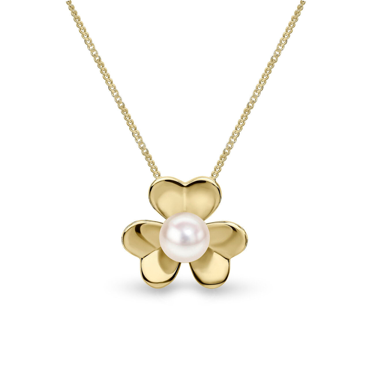Freshwater pearl flower pendant necklace in 9ct yellow gold, 6–6.5mm white freshwater pearl at the centre of a polished five-petal gold flower on curb chain