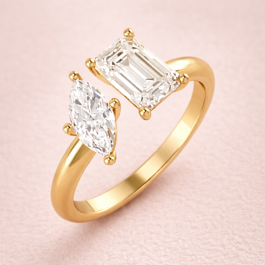 Toi et moi lab-grown diamond ring featuring radiant and marquise cut diamonds in gold