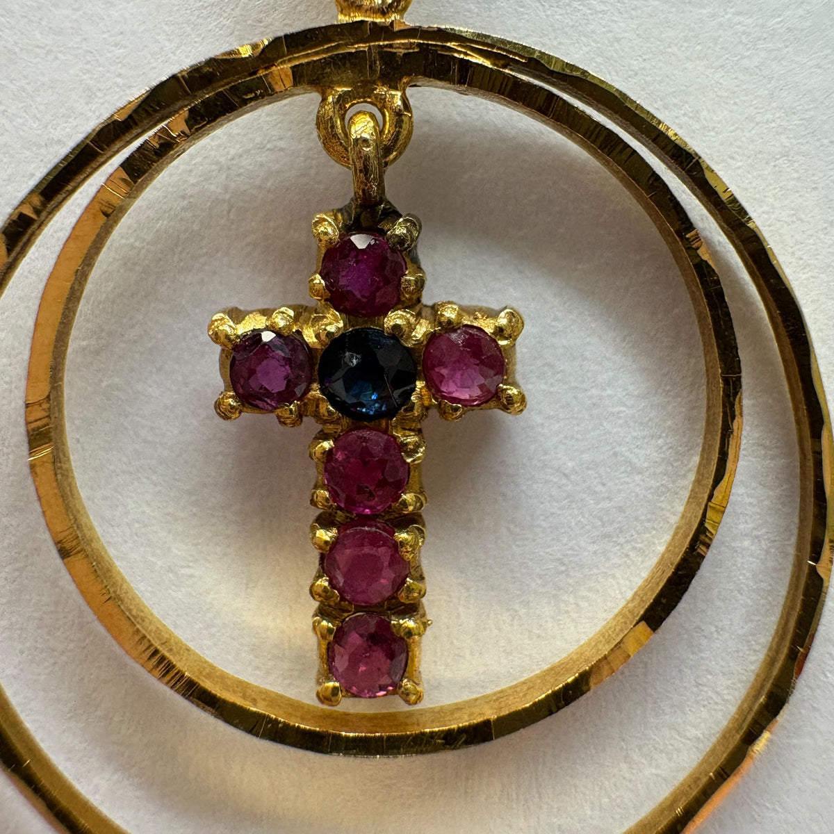 22ct gold cross pendant, natural ruby cross pendant, gold cross necklace UK, ruby and sapphire pendant, christening gift gold cross, pre-loved gold pendant, July birthstone pendant, confirmation gift cross