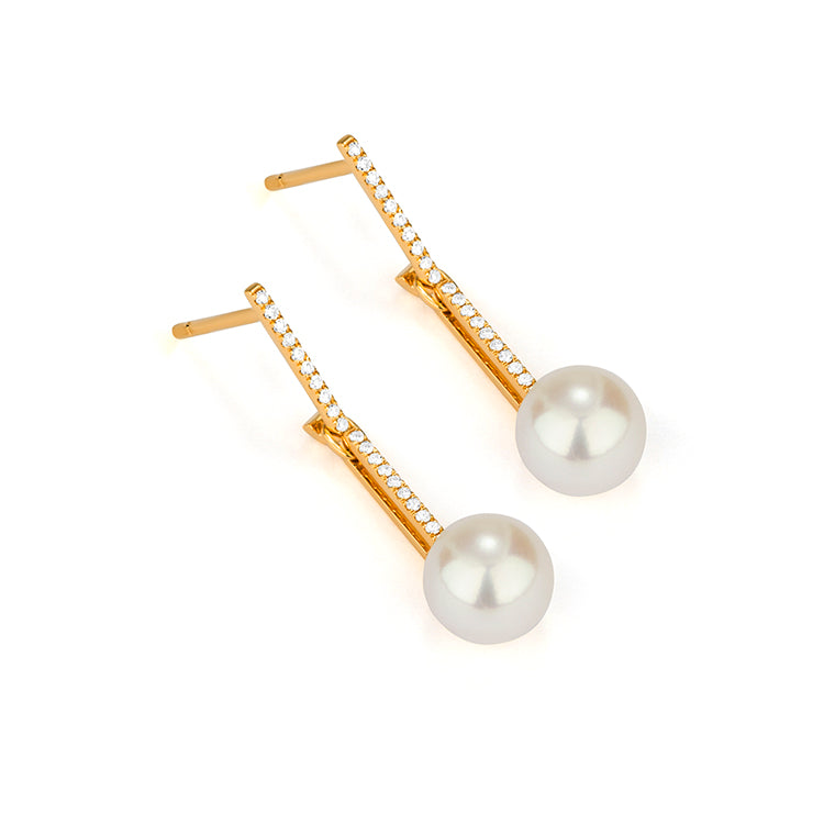 Yellow gold Akoya pearl and diamond bar drop earrings featuring a full pavé diamond bar suspending 8-8.5mm Akoya pearls with butterfly backs, side