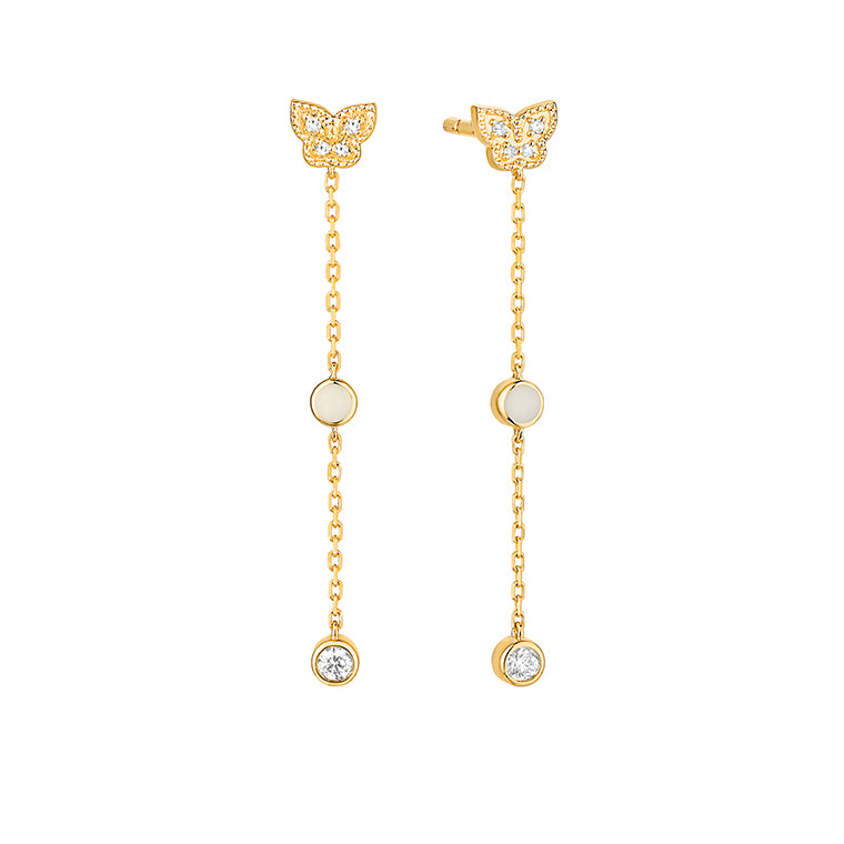 Yellow gold diamond butterfly pavé stud earrings with fine chain drops featuring an enamel disc and bezel set round brilliant diamond, shown on white background