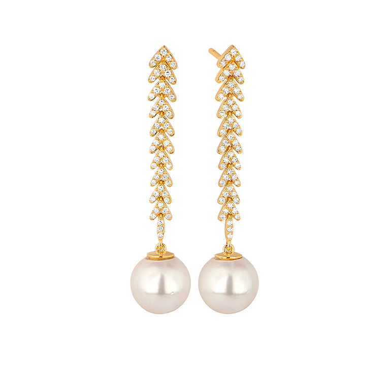 Yellow gold diamond chevron and Akoya pearl drop earrings featuring 106 round brilliant diamonds on a cascading spine with 8-8.5mm Akoya pearl drops, shown on white background