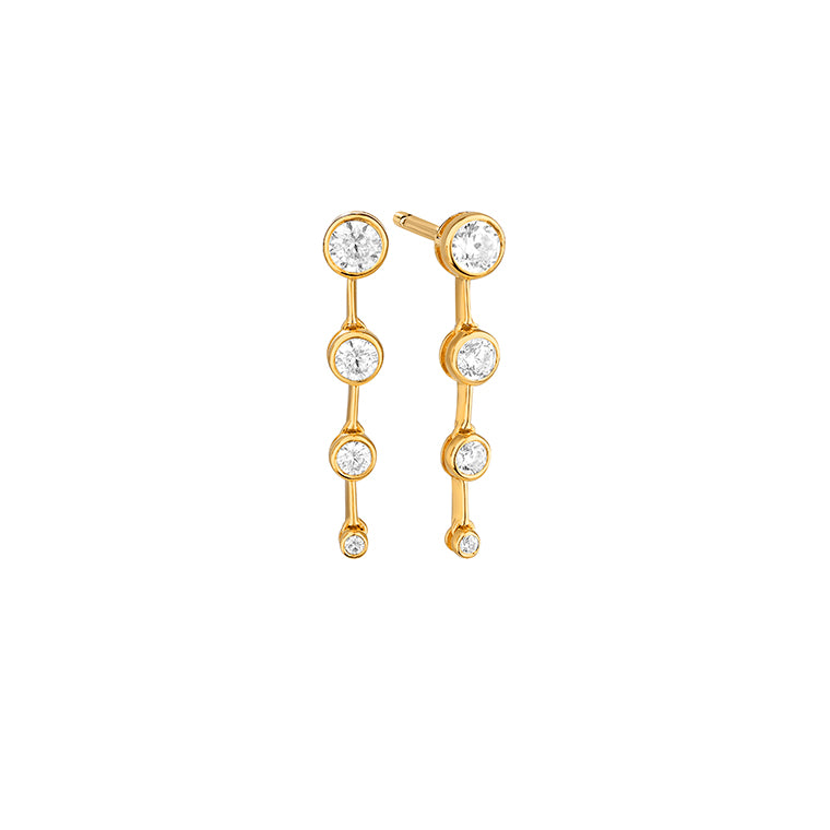Yellow gold bezel set graduating diamond drop earrings featuring four round brilliant diamonds on slim gold bars with butterfly backs