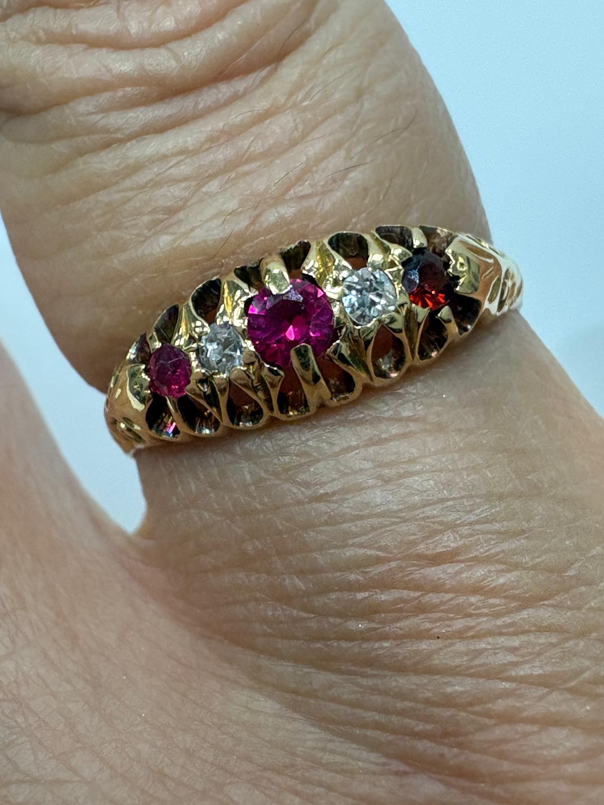 Edwardian ruby diamond ring, antique 18ct gold ring Birmingham hallmark, vintage five stone ring 1911, pre-loved antique engagement ring Harrogate, genuine Edwardian jewellery Yorkshire
