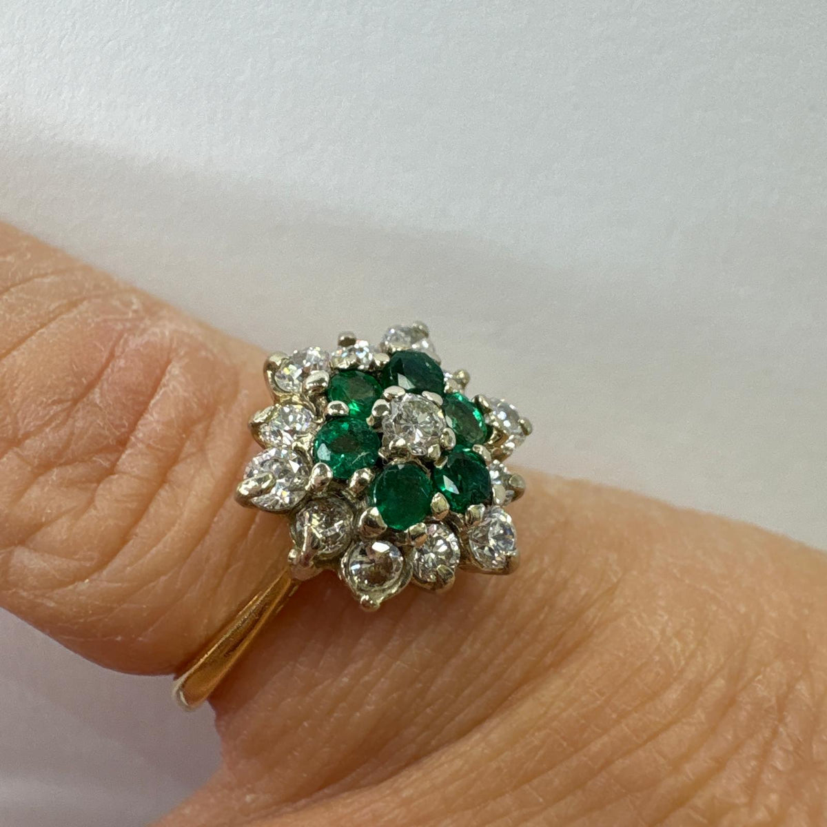 emerald and diamond ring, emerald cluster ring UK, 18ct gold emerald ring, flower cluster ring, May birthstone ring, alternative engagement ring, pre-loved emerald ring, second hand cluster ring