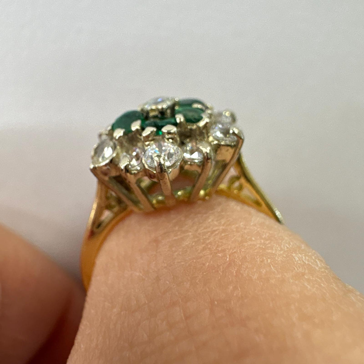 emerald and diamond ring, emerald cluster ring UK, 18ct gold emerald ring, flower cluster ring, May birthstone ring, alternative engagement ring, pre-loved emerald ring, second hand cluster ring