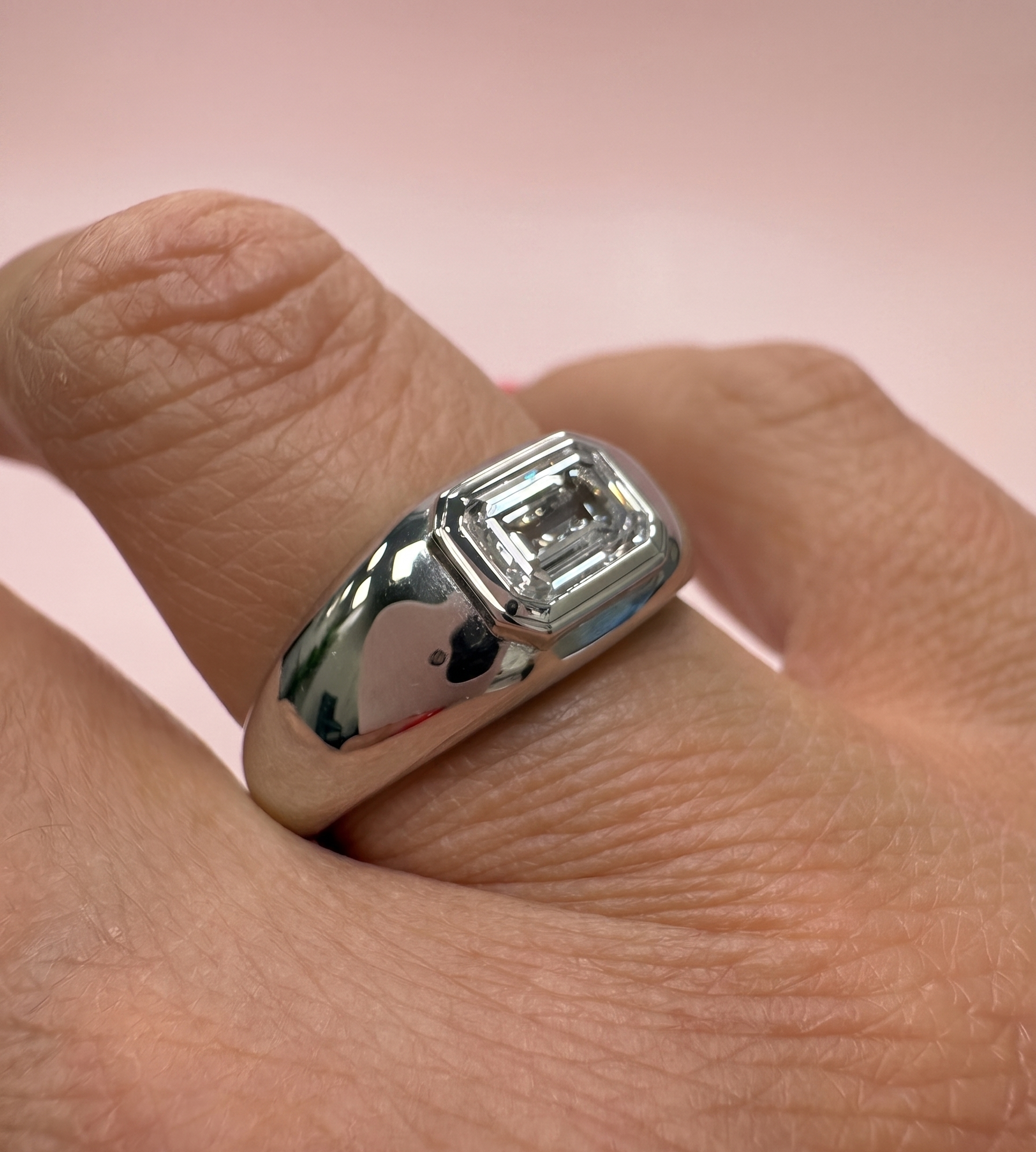 men's engagement ring, chunky engagement ring, bezel set emerald cut diamond, men's diamond ring, thick band engagement ring, statement diamond ring, chunky signet ring diamond, lab grown diamond engagement ring UK, bespoke men's ring Harrogate, platinum men's engagement ring, 18ct gold men's ring, certified lab grown diamond, 1.04ct emerald cut diamond, custom engagement ring Yorkshire, gender neutral engagement ring, lab grown diamond ring near me