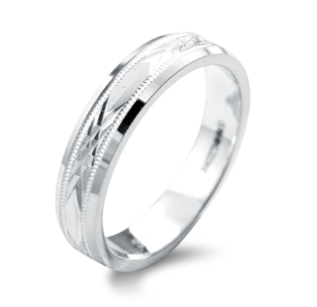 Engraved diamond-cut wedding ring with millegrain edging in 9ct, 18ct or platinum, hand-crafted by Fogal & Barnes Harrogate