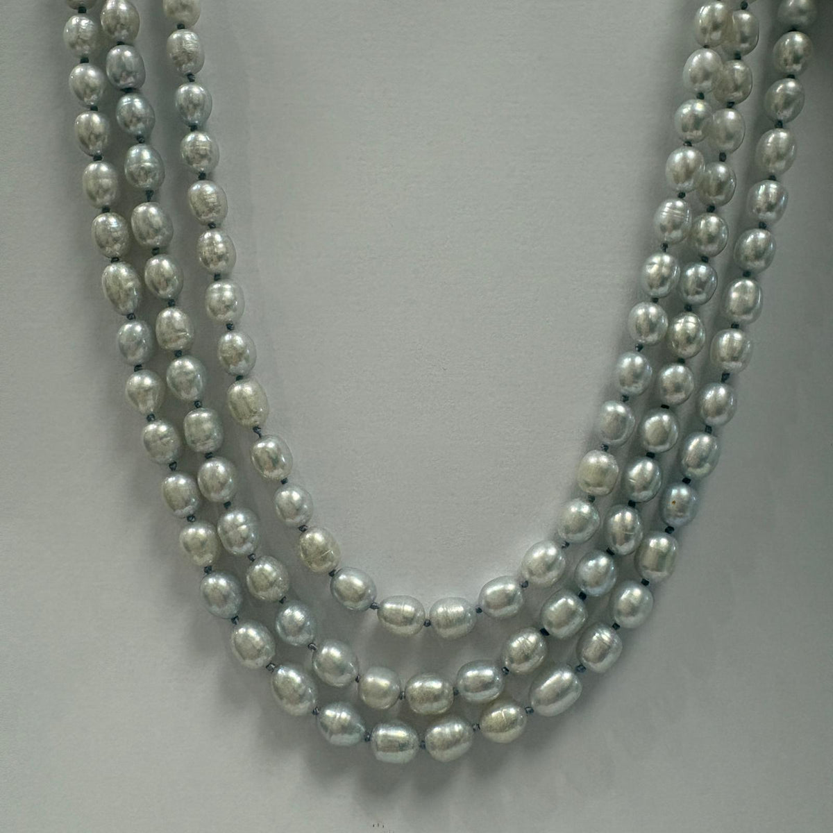 grey pearl necklace, triple strand pearl necklace, freshwater pearl necklace UK, multi strand pearl necklace, silver grey pearls, pearl necklace gold clasp, pre-loved pearl necklace, statement pearl necklace