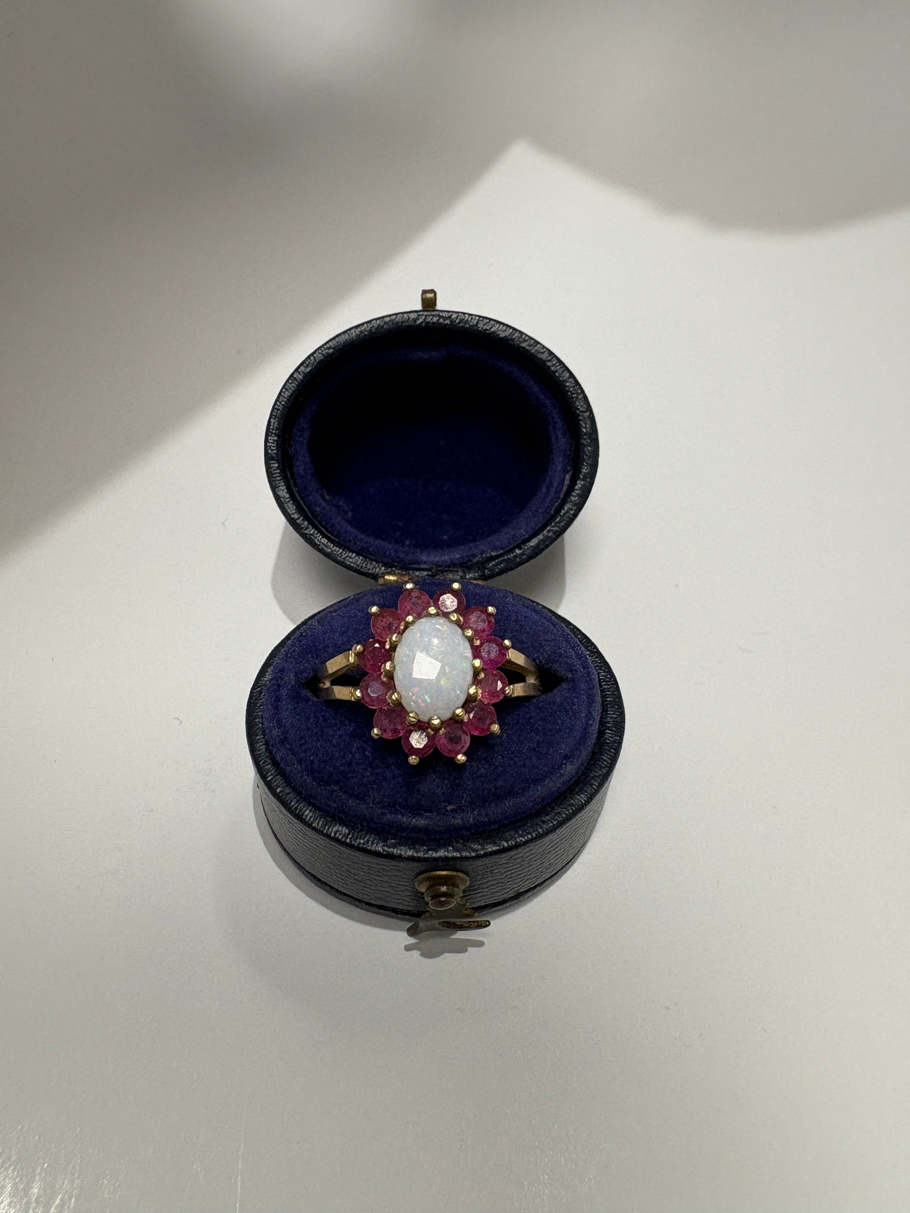 Pre-Loved 9ct Yellow Gold Opal and Ruby Cluster Ring with Split Shoulders – Size N½