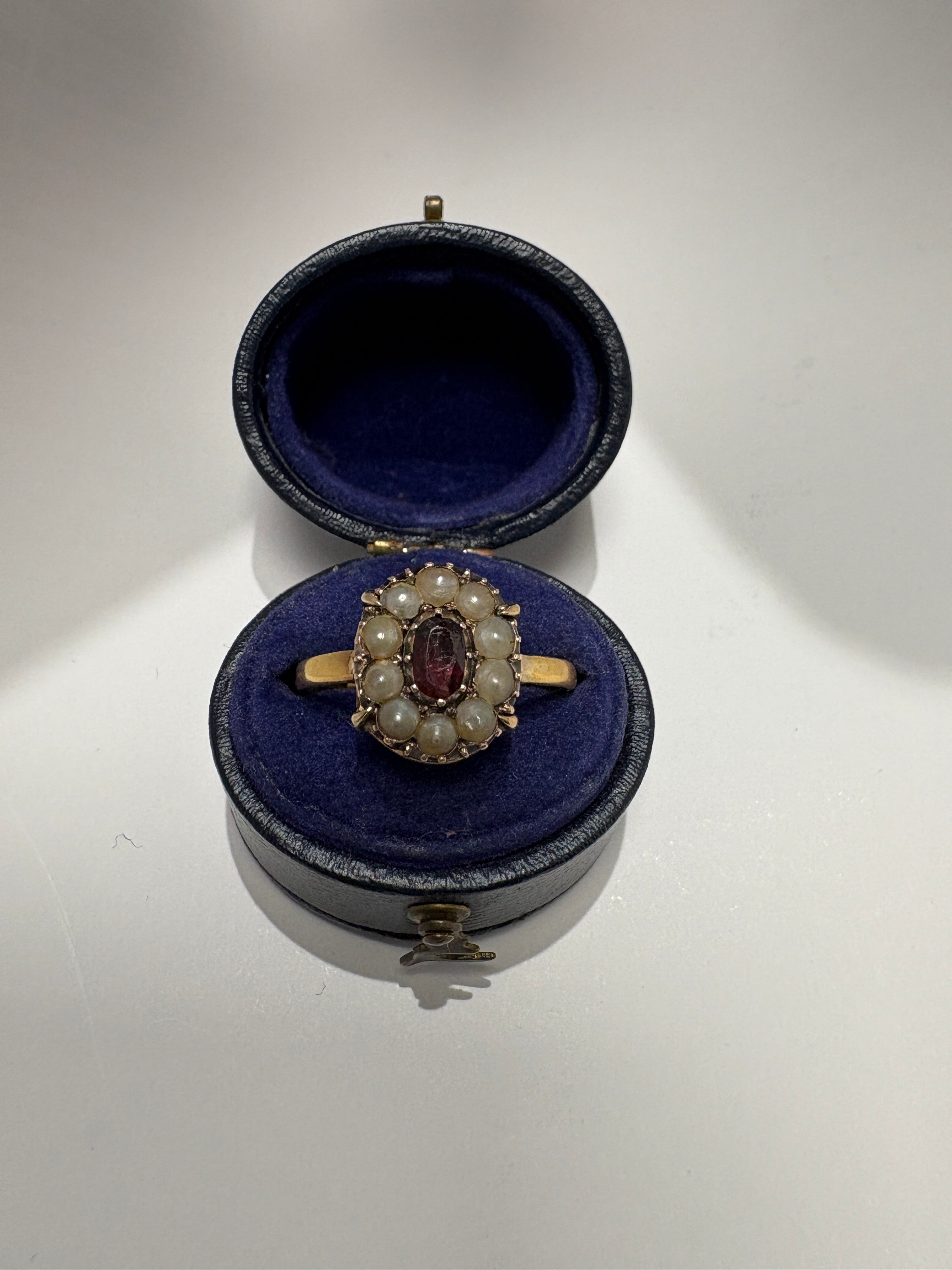 Pre-Loved 22ct Yellow Gold Garnet and Seed Pearl Cluster Ring – Size Q