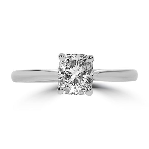 cushion cut diamond solitaire engagement ring harrogate set on 18ct white gold or platinum. Fogal and Barnes Fine Jewellers of Harrogate