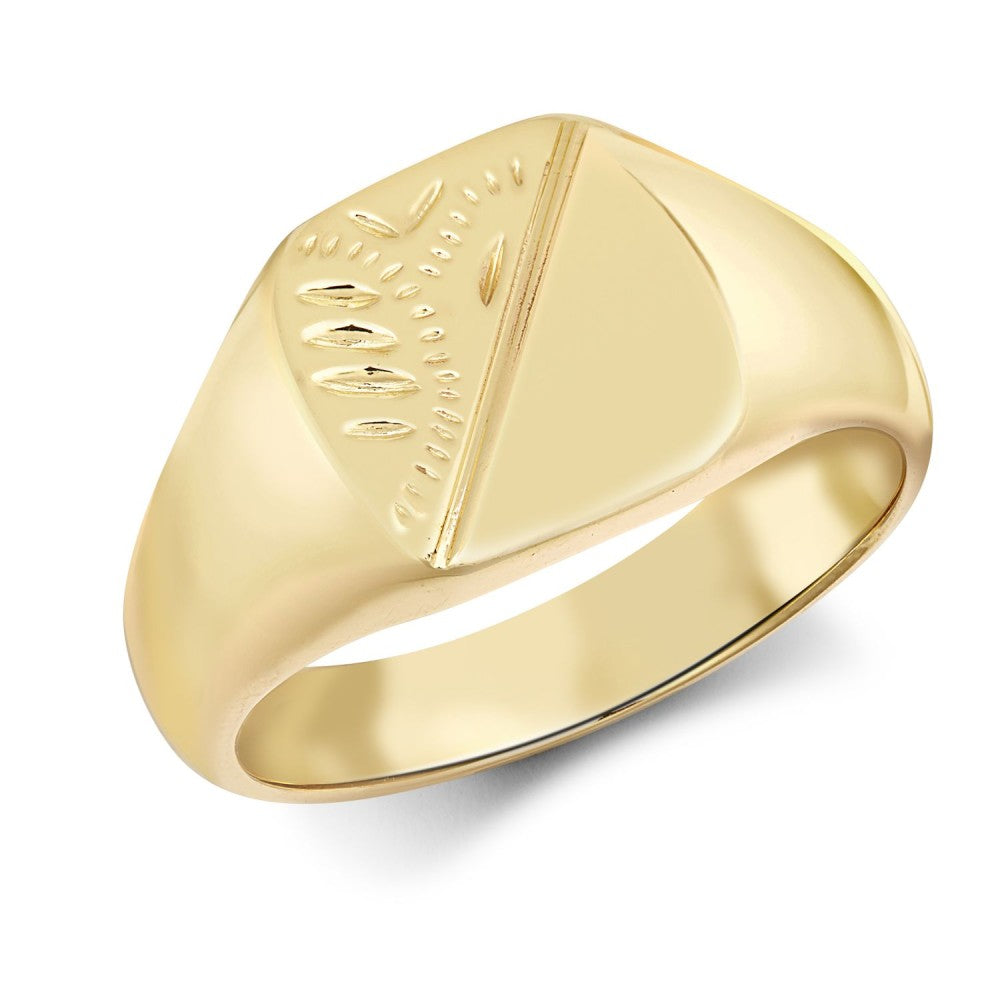 9ct solid Yellow Gold cushion half-engraved signet ring
