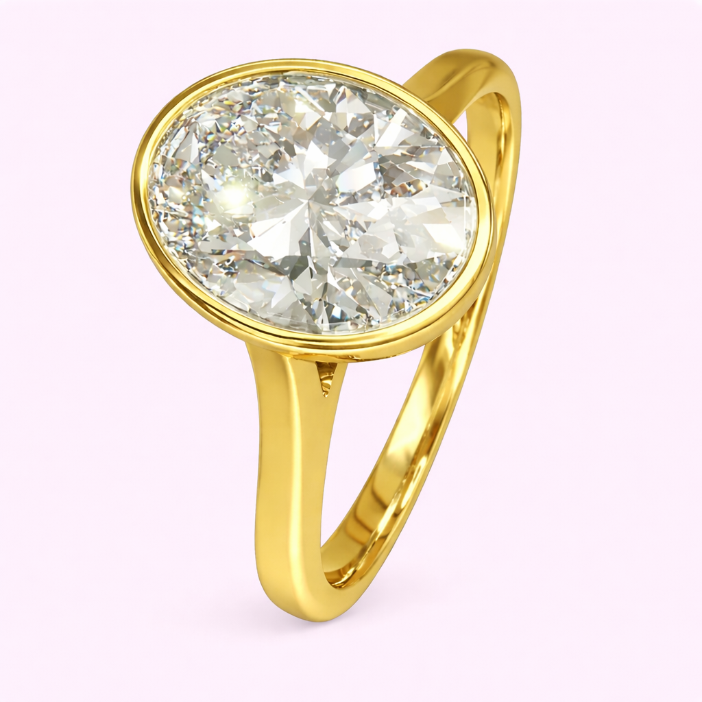 Bespoke oval lab diamond ring Raye 2.50ct in yellow gold bezel setting Fogal and Barnes jewellers
