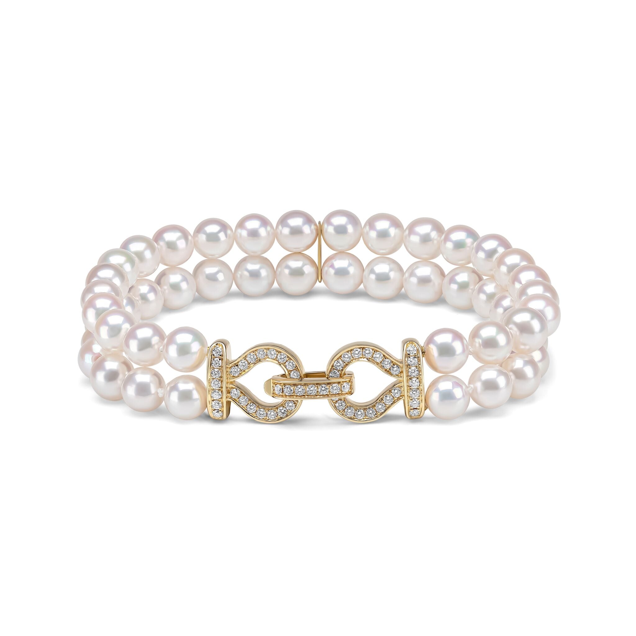 Double strand Akoya pearl and diamond bracelet in 18ct yellow gold, two rows of 6.5–7mm white Akoya pearls with 0.73ct pavé diamond interlocking link clasp and diamond bar ends