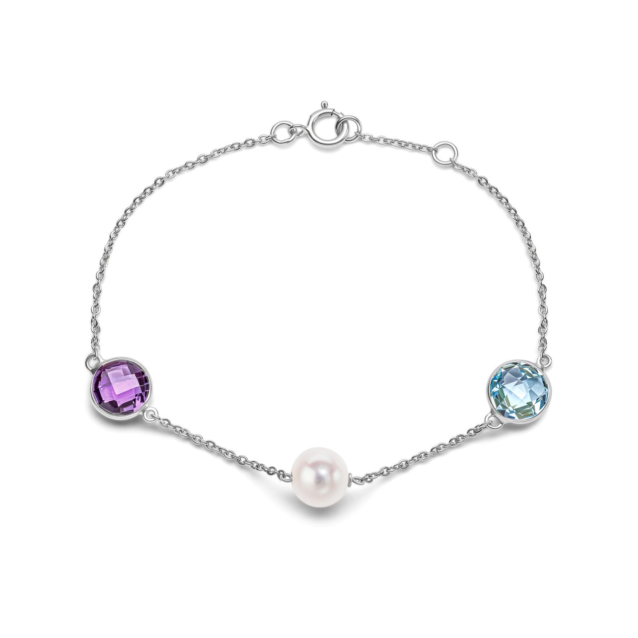Freshwater pearl, amethyst and blue topaz bracelet in 18ct white gold, 8–8.5mm white pearl with bezel-set round amethyst and blue topaz on fine trace chain