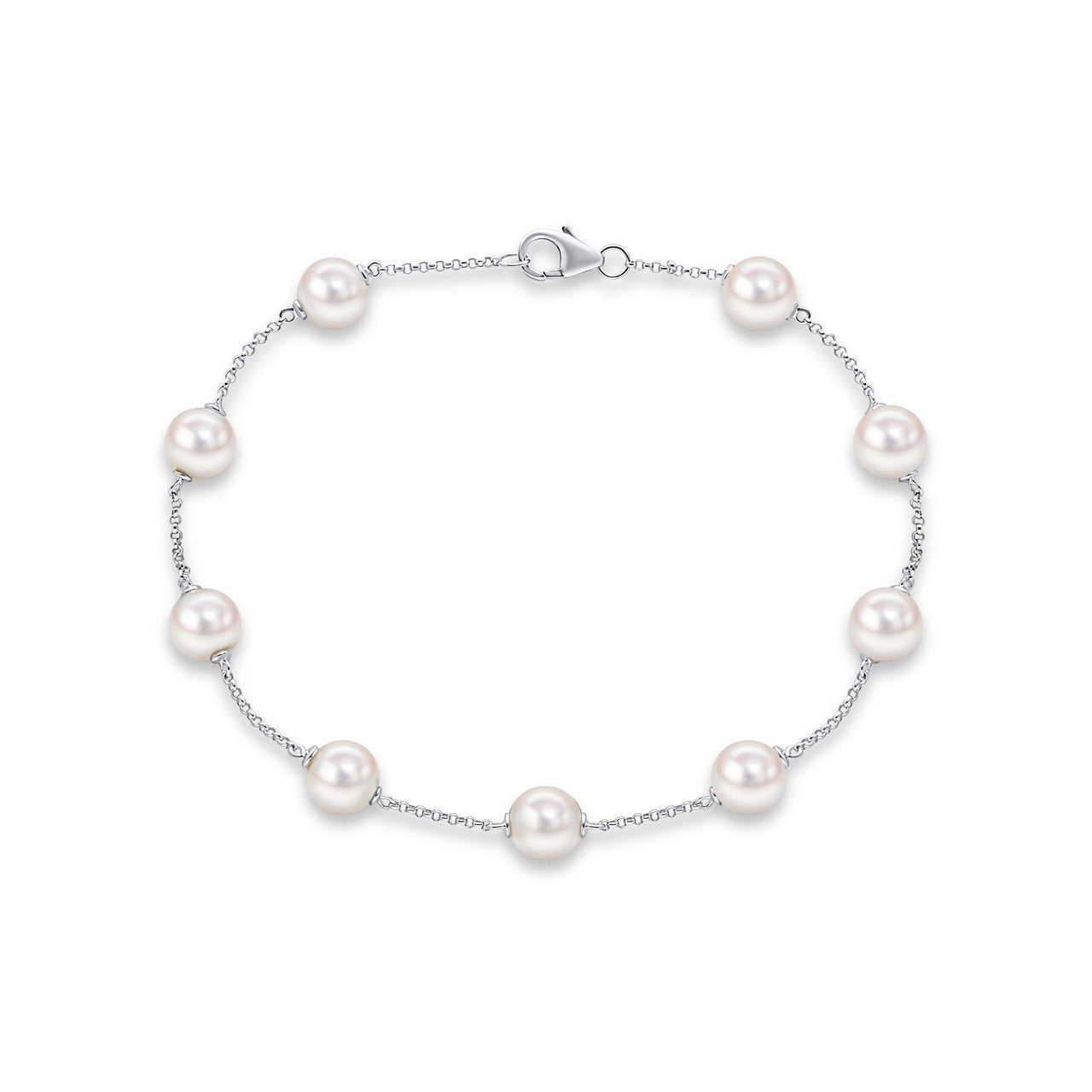 Akoya pearl station bracelet in 18ct white gold, nine 7mm white Akoya pearls evenly spaced on fine trace chain with lobster clasp, 7.5 inches
