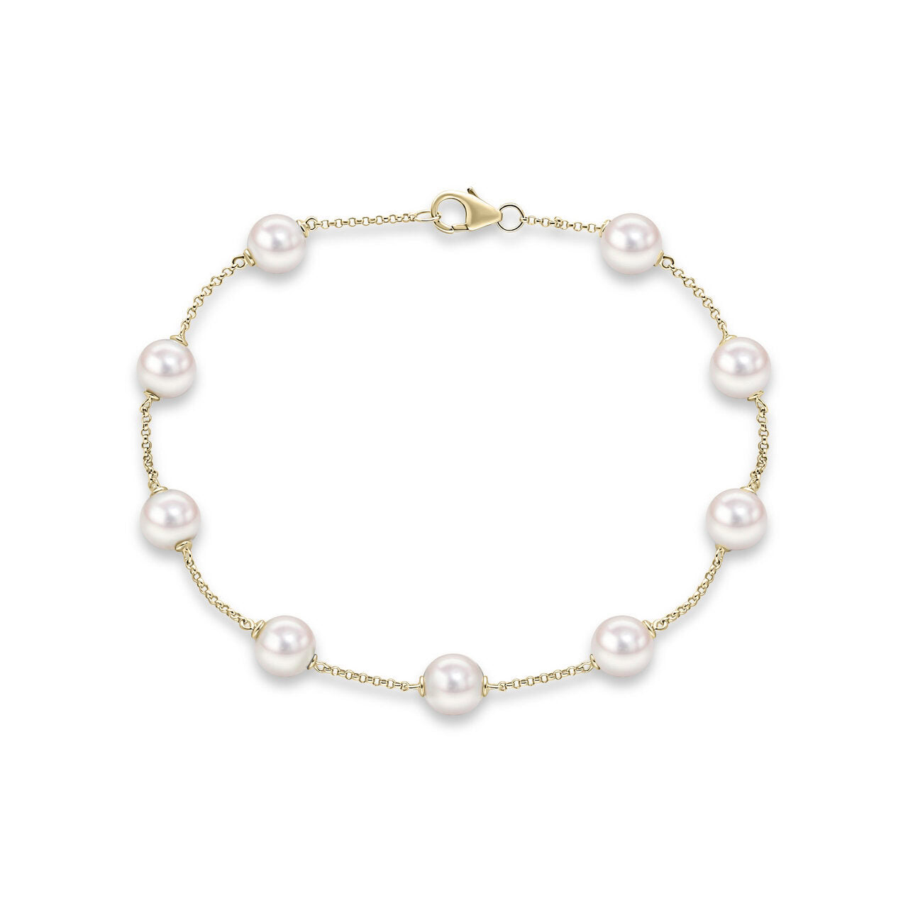 Akoya pearl station bracelet in 18ct yellow gold, nine 7mm white Akoya pearls evenly spaced on fine trace chain with lobster clasp, 7.5 inches