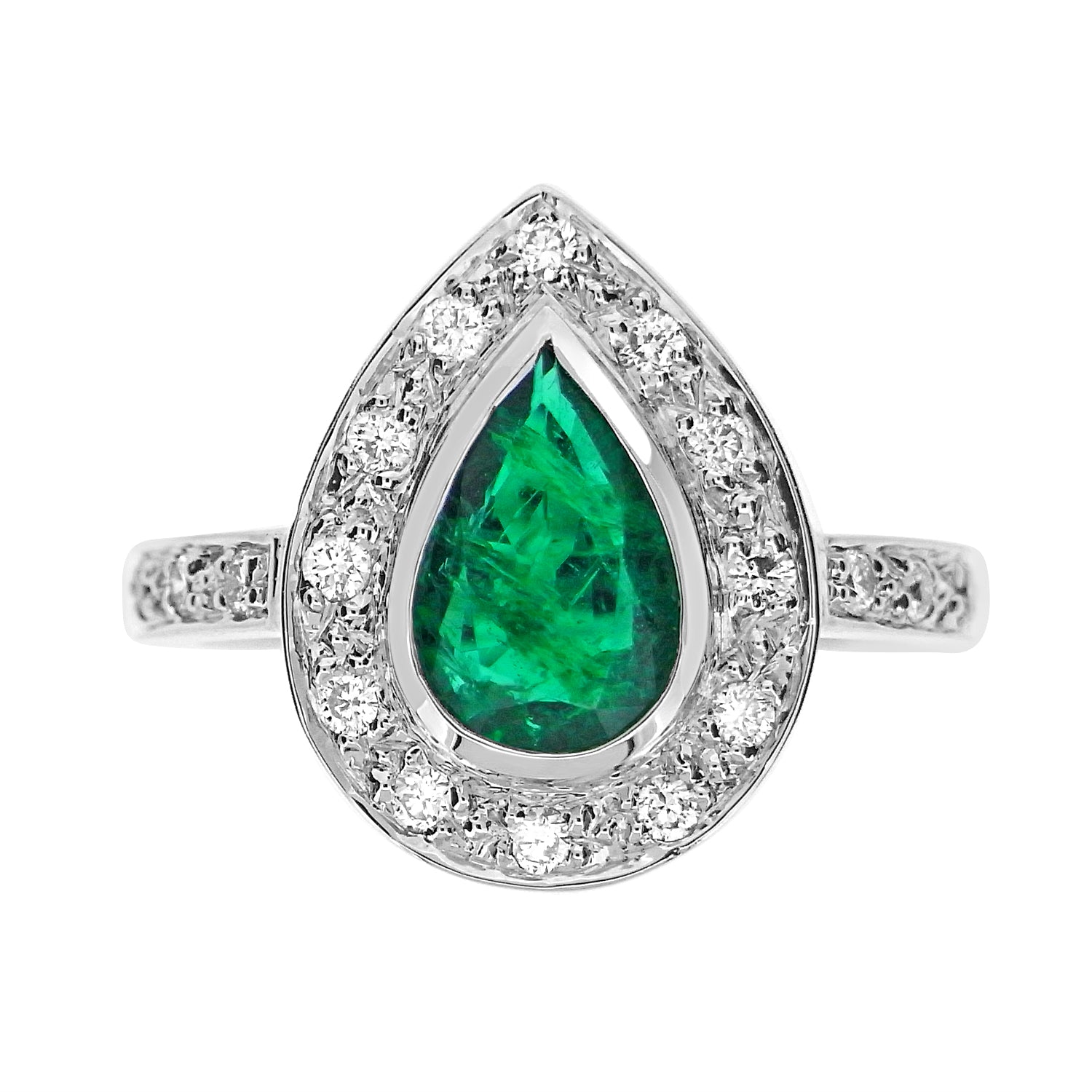 PEAR CUT EMERALD AND DIAMOND ENGAGEMENT RING
