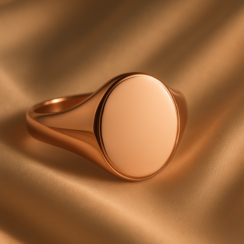 Handcrafted solid rose gold oval signet ring with tapered shoulders