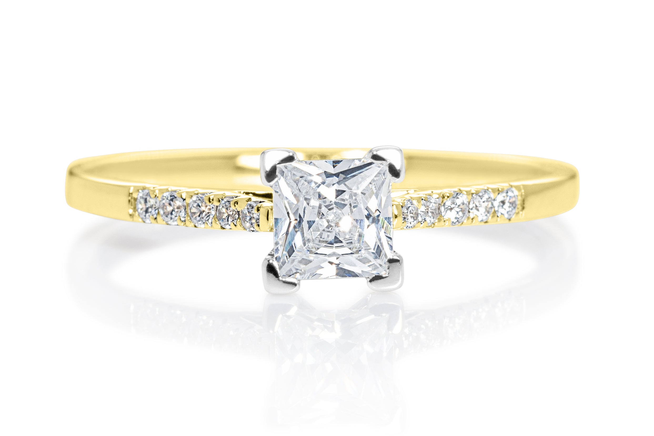 Princess cut diamond solitaire engagement ring with diamond on the band Harrogate Fogal and Barnes Fine Jewellers set on platinum and 18ct yellow gold