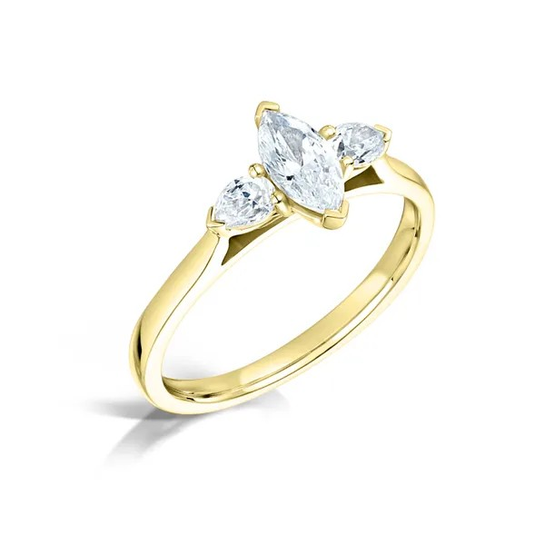 Marquise center diamond with 2 pear cut diamonds on the side. set on 18k yellow gold from fogal and barnes fine jewellers of harrogate.